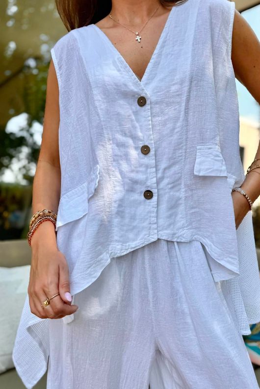 Sandbar Linen Blend 3 Button Dip Side Waistcoat White